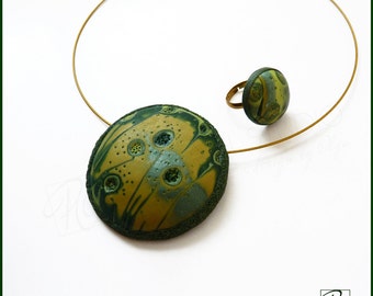 Polymer Clay Jewelry Set Green Golden - Dome Necklace and Ring Dark Green Forest, Modern Art Summer, Statement Jewelry. Ready to ship.
