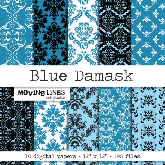 Blue Damask Digital Paper Pack Scrapbook Paper by MovingLines