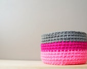 Striped Neon Pink Fuchsia Grey Basket / Neon Crochet Basket / Neon Color Block Crochet Bowl / Modern Organization Basket