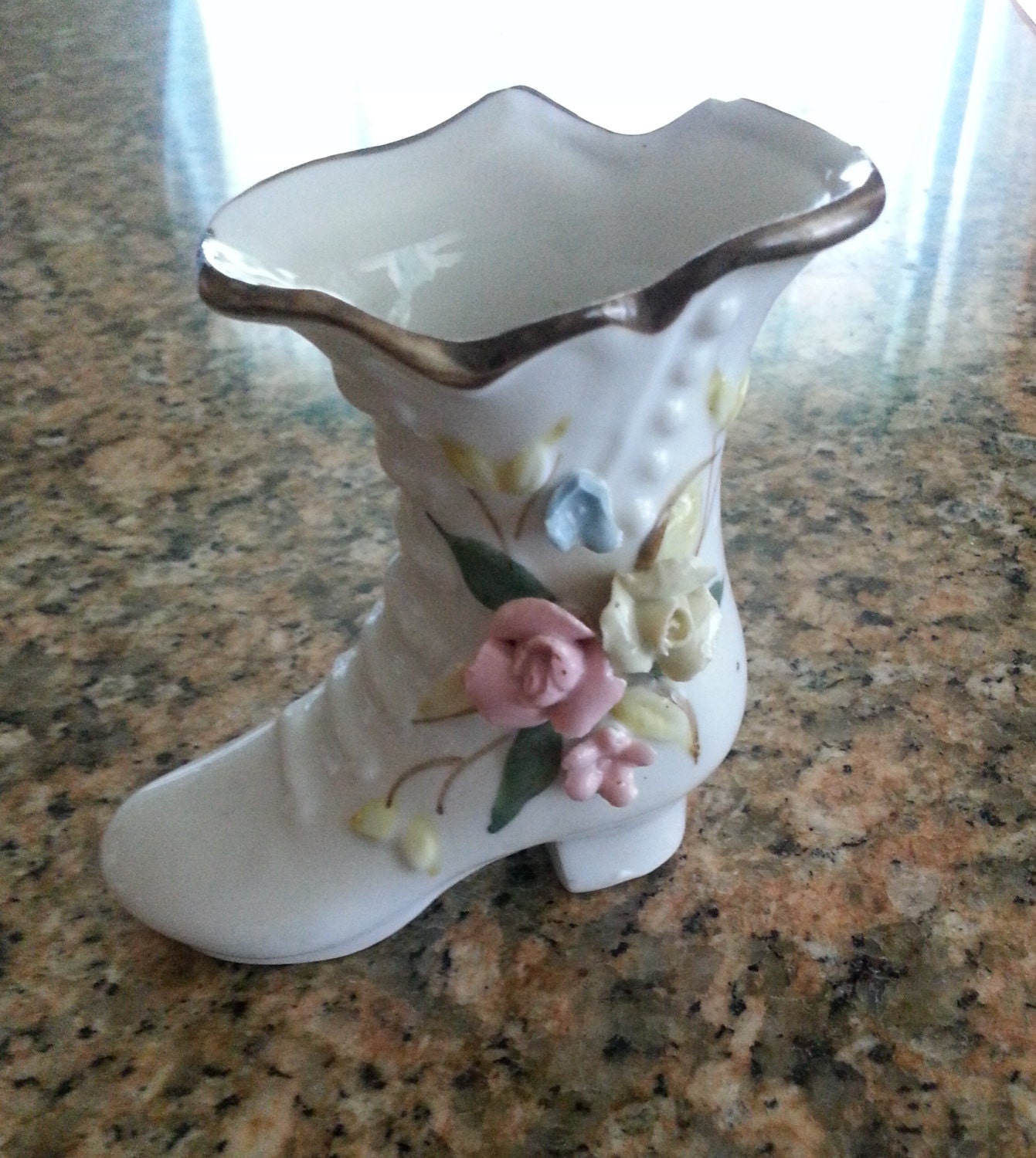 Porcelain shoe vase Victorian high heel boot white by