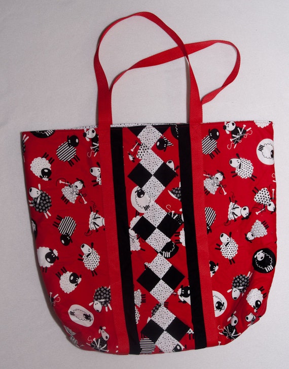 Quilted Tote Bag - Large Knitting Sheep Red  Black