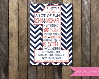 Nautical First Birthday Invitation, 1st Birthday Invitation, Printable Invitation, Nautical, Anchor, Chevron, Nautical Invite, Navy Blue