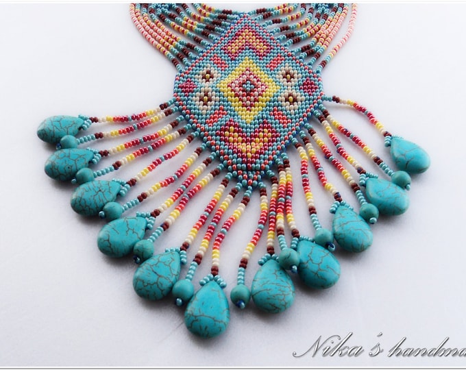 Ethnic woven beaded necklace Gerdan with turquoise and national Ukrainian pattern in traditional Ukrainian colors, MADE TO ORDER