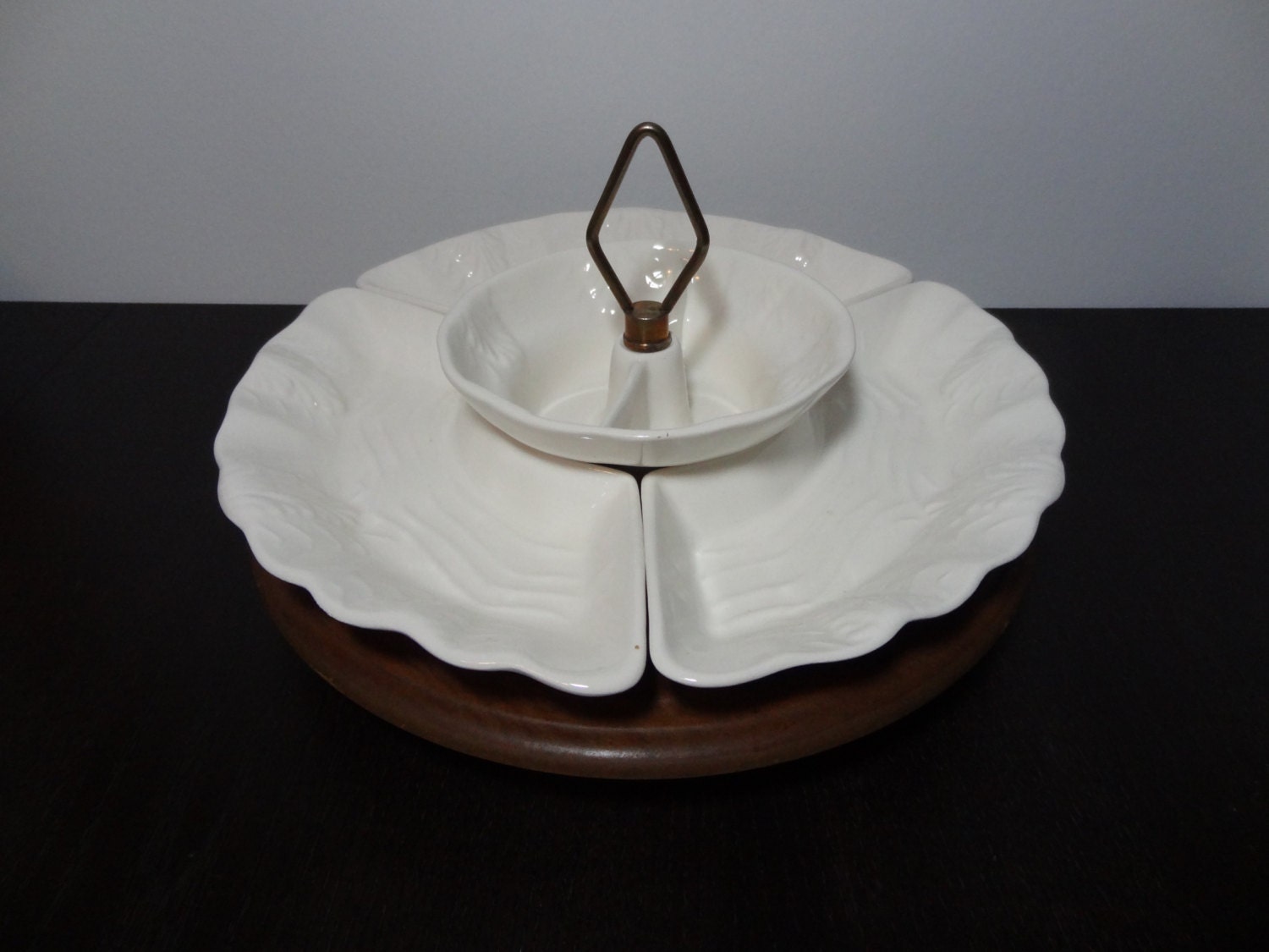 Vintage Lazy Susan and White California Pottery Ceramic Serving Set