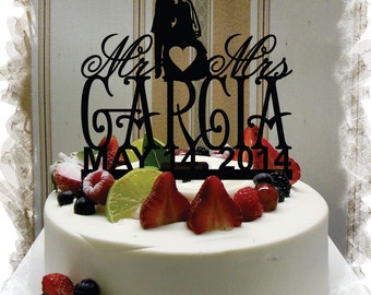 Silhouette Mr and Mrs Monogram Cake Topper With Your Family Name and Wedding Date - Handmade Custom Wedding Unique Cake Topper