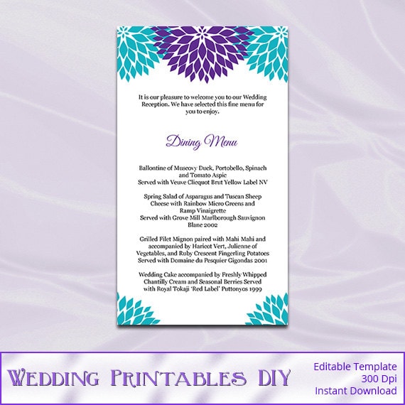 Rack Cards Purple And Teal Template items similar to printable wedding menu template diy Rack Cards Purple And Teal Template items similar to printable wedding menu template diy