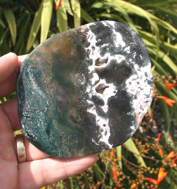 A polished Green Moss Agate crystal slice. by Pastimpressionsrocks