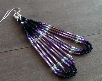Native American beaded earrings - black and purple - beadwork earrings - seed beaded earrings