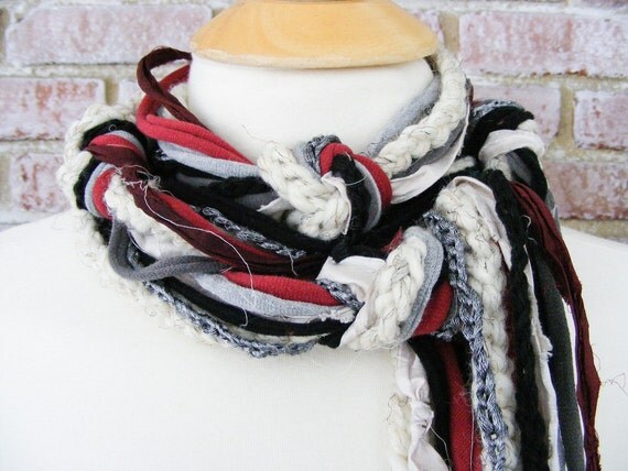 Long Skinny Crochet Knotted Layered Scarf Black by meiguidesigns