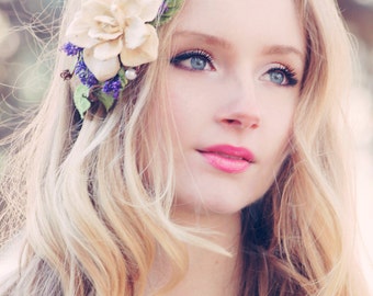 purple headpiece, rustic bridal headpiece, woodland wedding, pine cone rose, purple flower crown