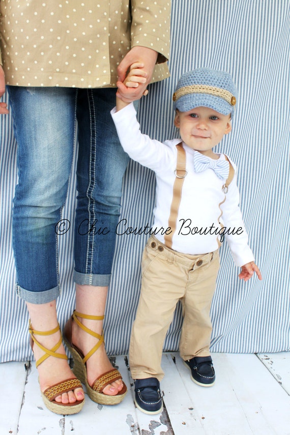 Baby Boy Bow Tie & Suspender Bodysuit. Baby Blue Seersucker, Wedding, 1st First Birthday Outfit,Tan Suspenders Ring Bearer Tie, Holiday by ChicCoutureBoutique