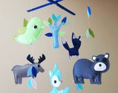 Baby Crib Mobile - Baby Mobile - Blue and Green Baby Boy Mobile - "Moose and Bear in the blue forest" (Pick your color)