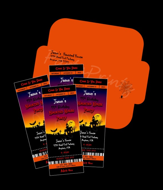 Printable - Haunted Halloween - Ticket Invitations & Envelope - Custom Personalized Birthday Il_570xn