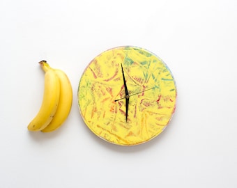 Large Wall Clock, Yellow Wall Clock, Unique Wall Clock, Kitchen Wall Clock, Hand Painted Clock