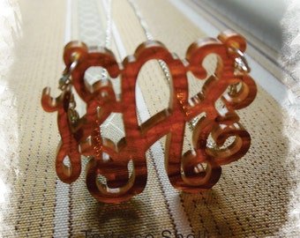 Acrylic Monogram Necklace - Vine Monogram 3 Initial Name Laser cut Acrylic monogram Pendant - Tortoise Shell Necklace