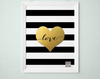 Faux Gold foil print - Heart Black and white Stripes with cursive love - Faux Gold Foil Wall Art - Print, Artwork, Stripes (1031)