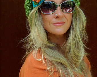Green JUMBO SLOUCHY Beanie hat crochet slouch hat Groovy Girls colorful FLOWER beret Hippie hat Spring Green Women slouchy Beanies GPyoga