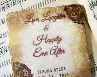 Custom Wedding Coasters - Love, Laughter and Happily Ever After Personalized Wedding Coasters, Set of 4, Housewarming Gift, Anniversary Gift