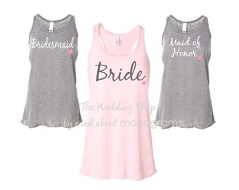 7 Bridal Party Flowy Racerback Tank Tops, Bride Shirt, Bridesmaid Shirts, Bachelorette Party Tank Tops, Maid of Honor Shirt - Set of Seven