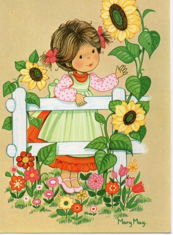 Items similar to Vintage Postcard with cute girl and sunflowers on Etsy