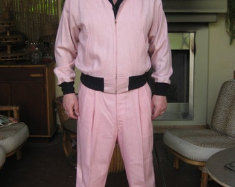 1950s Mens Suit Pink and Black Rayon Dead Stock Large XL RARE!!! Elvis