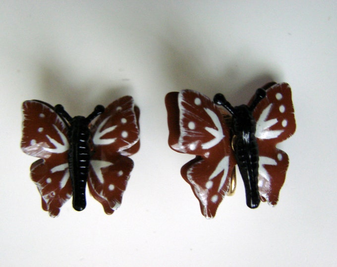 Vintage Brown & White Enamel Clip Earrings / Butterfly Motif / Figural / Retro / Jewelry / Jewellery