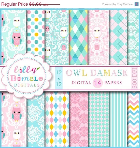 50% off Owl Damask digital papers scrapbooking cards pastel baby paper pack DIGITAL DOWNLOAD Il_570xn