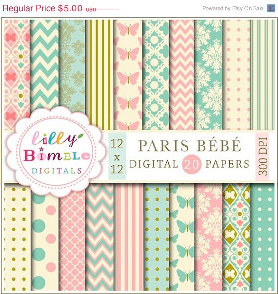 50% off PARIS BEBE digital papers in teal and salmon pink, modern scrapbook papers for cards, crafts and design elegant Digital Download Il_570xn