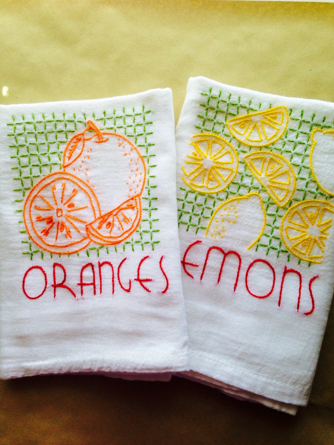 Vintage Fruit Embroidered Dish Towels Lemons/Oranges