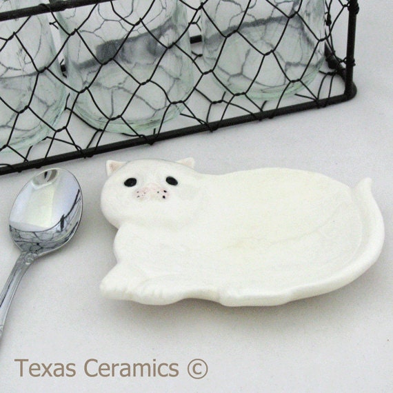 Ceramic Cat Tea Bag Holder Small Spoon Rest Catch All