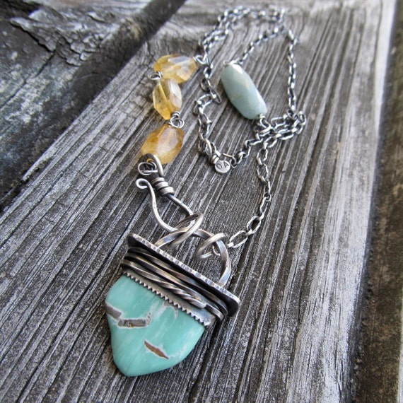 Long Silver Necklace Funky Stamped Silver Pendant Colorful