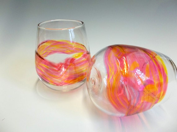 Hand Blown Art Glass Stemless Wine Glasses Sunset Watercolor