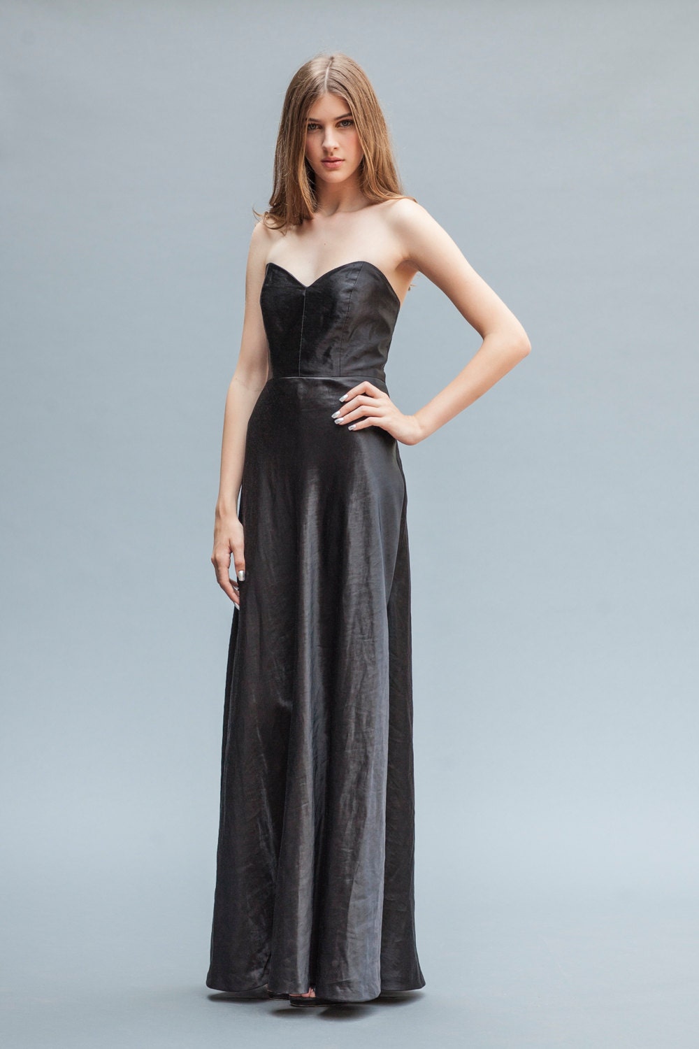 Black Silk Floor Length Gown Black Gown Strapless By ElikaInLove