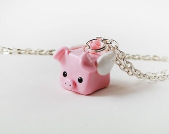 Pink Flying Pig Polymer Clay Charm Necklace
