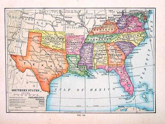 US State Map Southern States Antique 1910 World Atlas