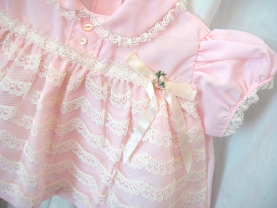 It's a Girl Vintage Pink Dress, Baby Clothes, Newborn, Lace and Bow Trim, Flowers, Buttons