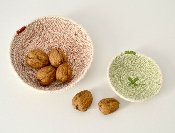 Cotton woven rope key bowl in olive green and rust a modern boho style table bowl new home gift