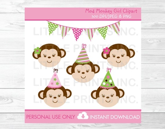 Cute Girl Monkey Birthday Clipart / Monkey Clipart / Mod Monkey / Pink & Green / 1st Birthday / 2nd Birthday / PERSONAL USE Instant Download Il_570xn