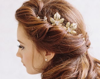 Gold leaf and rhinestone bridal hair pins - Style Soulmates no. 1987