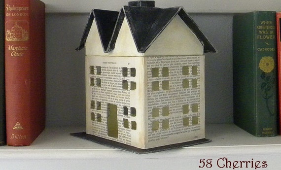 Vintage French Text Fairy House with Black Roof - Medium - Grubby Prim and Shabby Decor - Great Fall or Christmas Display