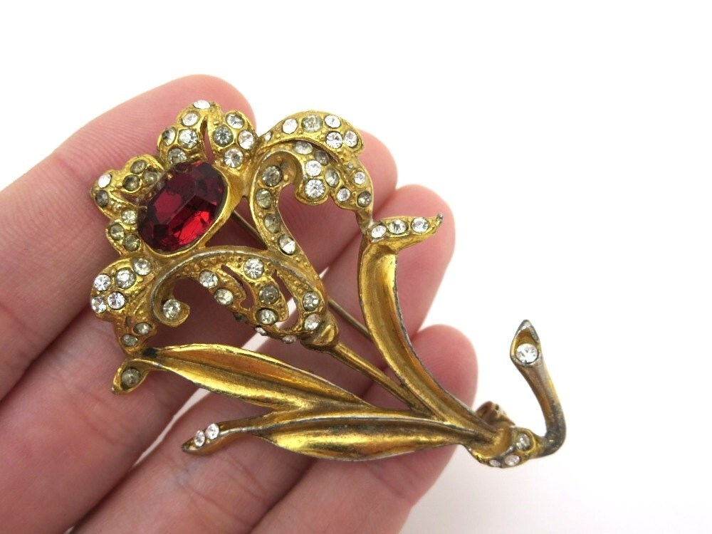 Pot Metal Brooch Rhinestone Flower Costume Jewelry 1930s