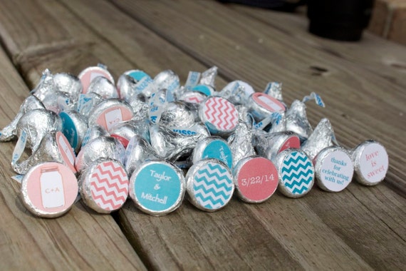 88 Hershey Kiss Labels - Wedding Shower Favor - Aqua, Coral, Peach, and ...