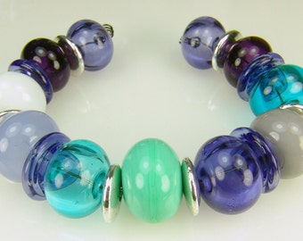 Lampwork Hollow Bead set OCEAN purples and teals (11 hollows plus 4 discs)