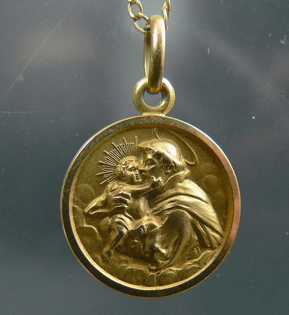 Vintage 18K Gold St Anthony Pendant Necklace Religious Medal