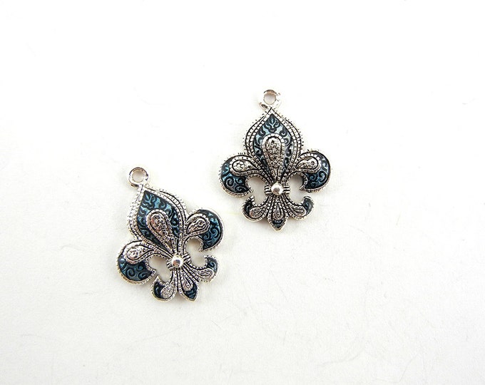 Small Pair of Antique Silver-tone Fleur De Lis Charms with Blue Wash Accent