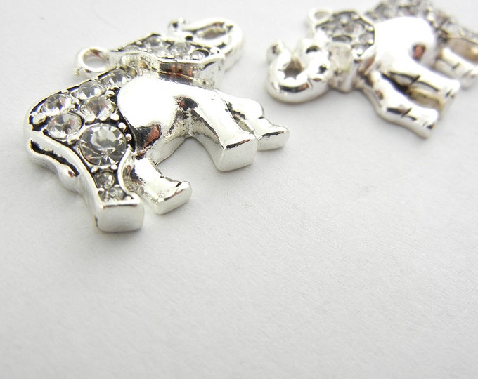 Pair of Silver-tone Facing Elephant Charms with Rhinestones