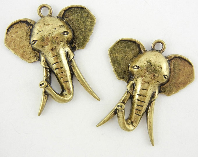 Pair of Antique Gold-tone Elephant Head with Long Tusks Charms