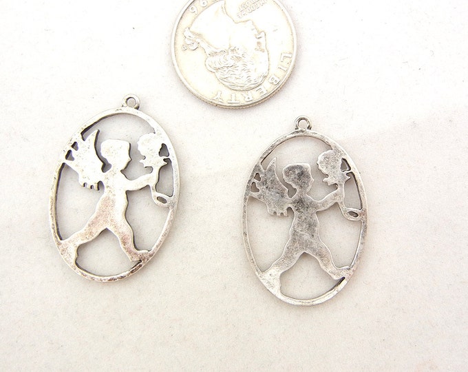 Set of 2 Antique Silver-tone Oval Cupid Charms