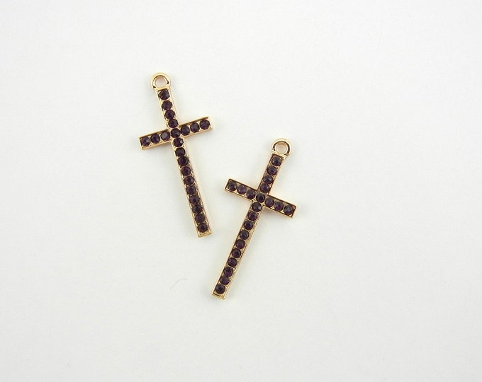 Pair of Gold-tone Cross Charms with Amethyst Purple Rhinestones