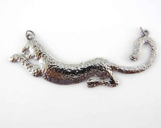 Hematite or Dark Silver-tone Leopard Panther Double Link Pendant Hammered Texture